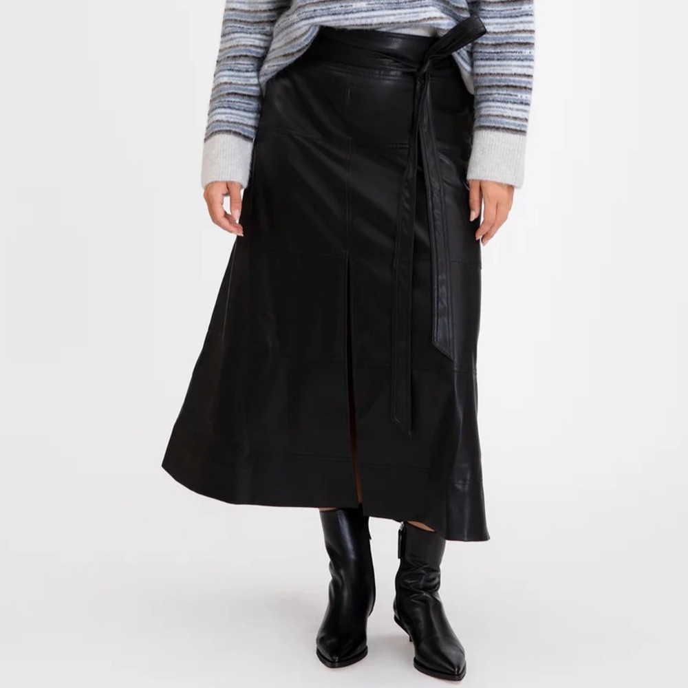 Tanya Taylor Vegan Leather Hudson Skirt with Tie Waist and Center Slit Black